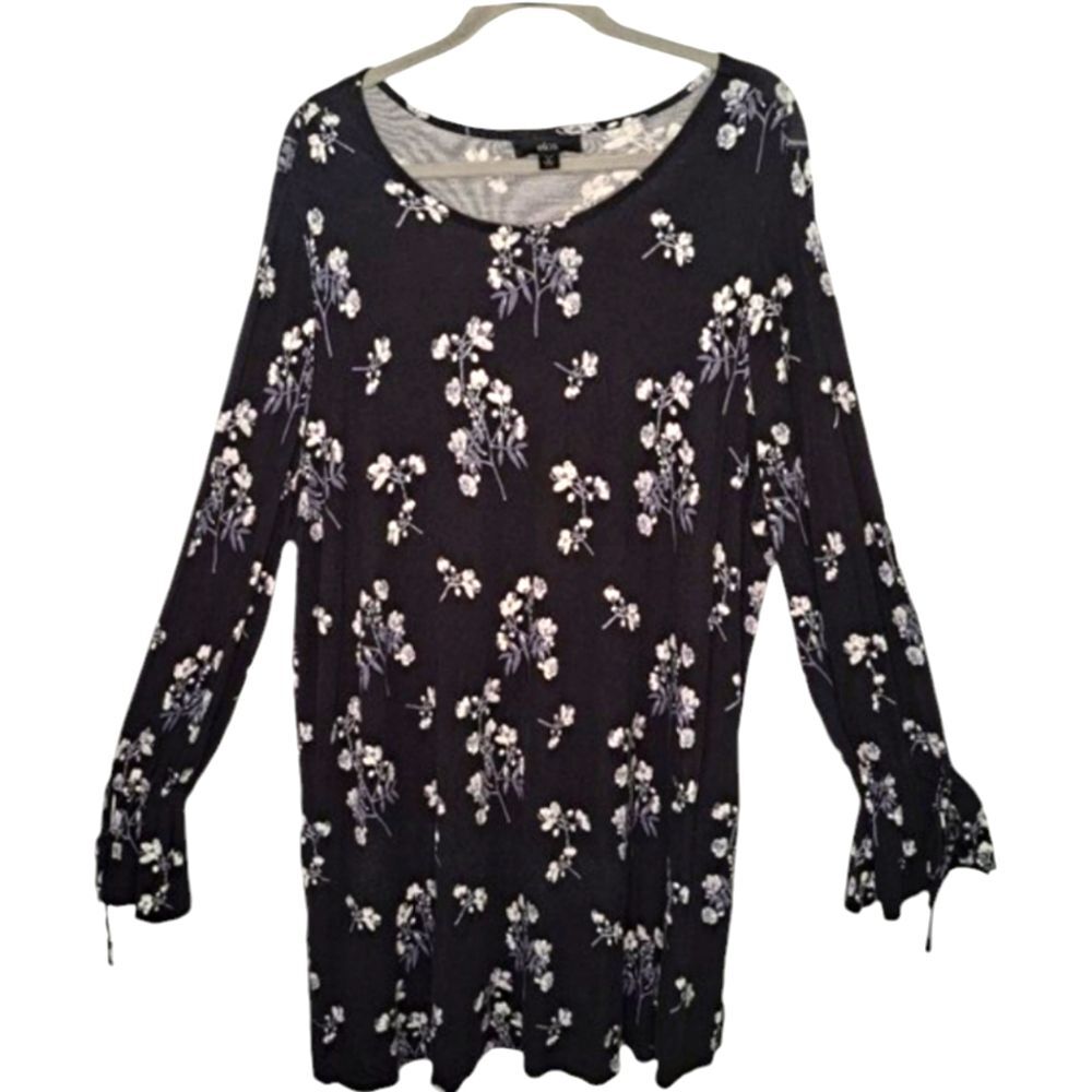 Ellos Black White Floral Long Sleeve Dress Plus Size 1X 22/24